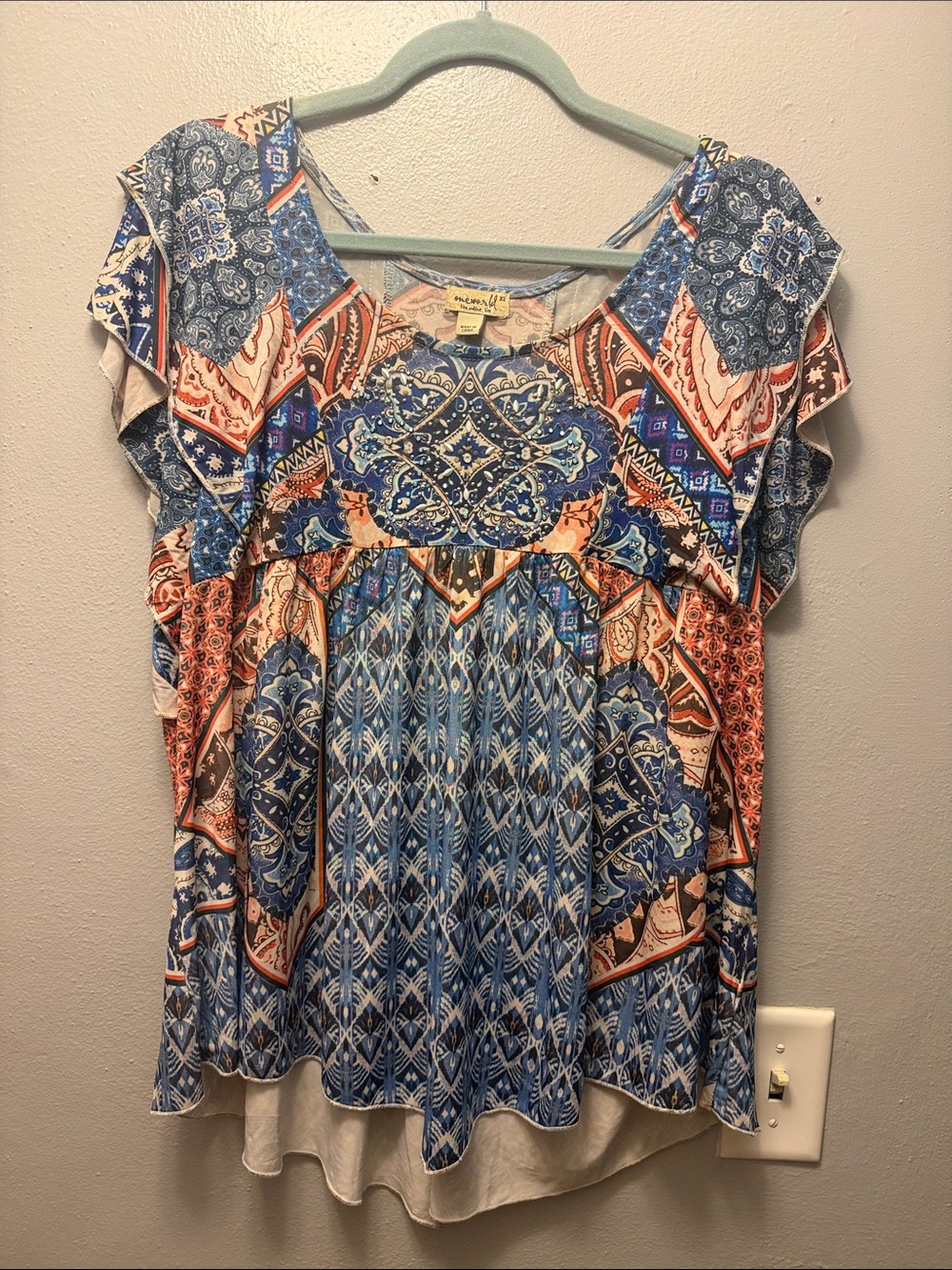 ONE WORLD Blue & Coral Boho Printed Flutter-Sleeve Top